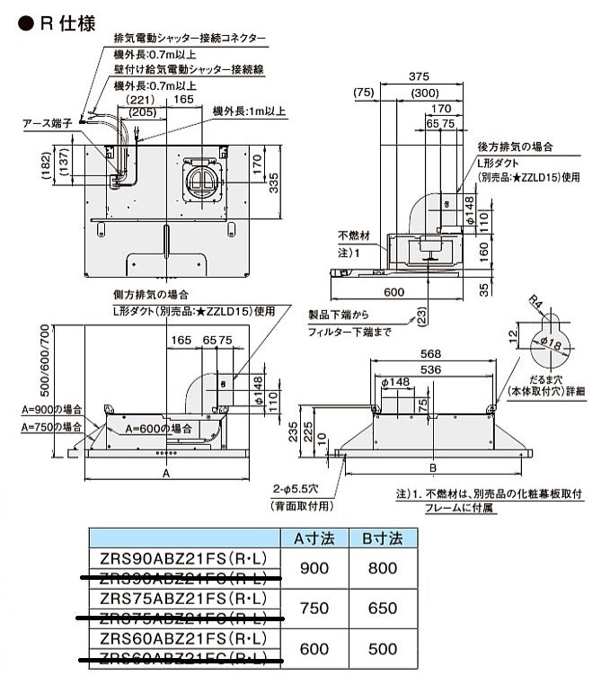 クリナップ フラットスリムレンジフード<br>●間口900mm<br>●本体カラー:シルバー<br>●シロッコファン<br>右タイプ ZRS90ABZ21FSR-E<br>左タイプ ZRS90ABZ21FSL-E