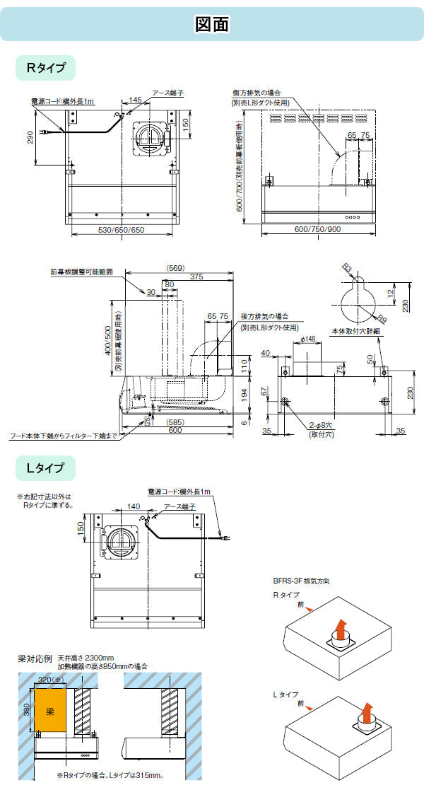 富士工業 レンジフード シロッコファン<br>●間口600mm<br>BFRS-3F-601R/L BK/W/SI