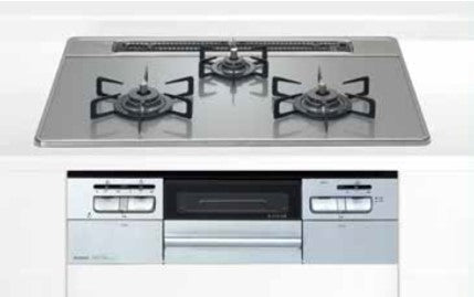 ハーマン ビルトイン 3口ガスコンロ<br>ファミ Fami<br>無水両面焼 オートグリル ガラストップ<br>リフレクトシルバーガラス シルバーフェイス スノーブラックホーローゴトク <br>DW32V6WAP2SV 60cm タイプ