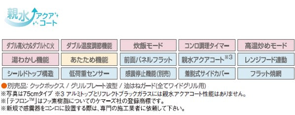 ハーマン ビルトイン 3口ガスコンロ<br>ピアット  piatto<br>無水両面焼ワイド オートグリル ガラストップ<br>ブラックガラス ステンレスフェイス ブラックホーローゴトク<br>DW36U6WAP1STE  75 cmタイプ