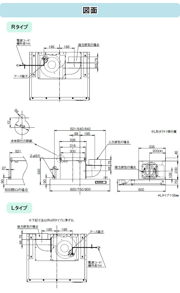 富士工業 レンジフード シロッコファン<br>●間口750mm<br>USR-3A-751R/L BK/W/SI