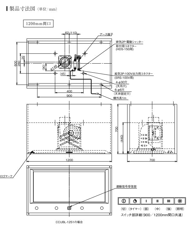 アリアフィーナ レンジフード<br>Center Cubo(センタークーボ)  <br>●天井取り付けタイプ <br>●間口1200mm<br>CCUBL-1251 S/TW