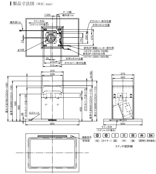 アリアフィーナ レンジフード<br>Center Federica(センターフェデリカ) <br>●天井取り付けタイプ <br>●間口900mm <br>CFEDL-952  S/TW/TBK