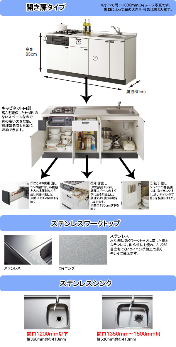 クリナップ コンパクトキッチン コルティ<br>●間口1500mm<br>●壁付け I型 開き扉プラン<br>●扉カラー：Sシリーズ(全8色)<br>●シロッコファン