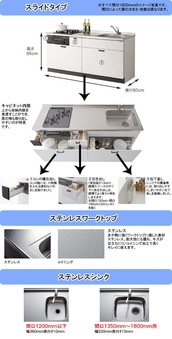 クリナップ コンパクトキッチン コルティ<br>●間口1650mm<br>●壁付け I型 スライドタイプ(引き出し収納)<br>●扉カラー：Sシリーズ(全8色)<br>●シロッコファン