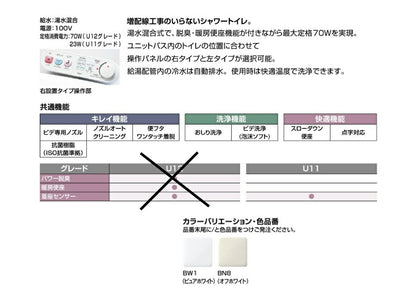 LIXIL リクシル シャワートイレ CW-U111L-NE(Lタイプ)  CW-U111R-NE(Rタイプ) グレードU11 ユニットバス用 3点ユニット 温水洗浄便座 大型便座