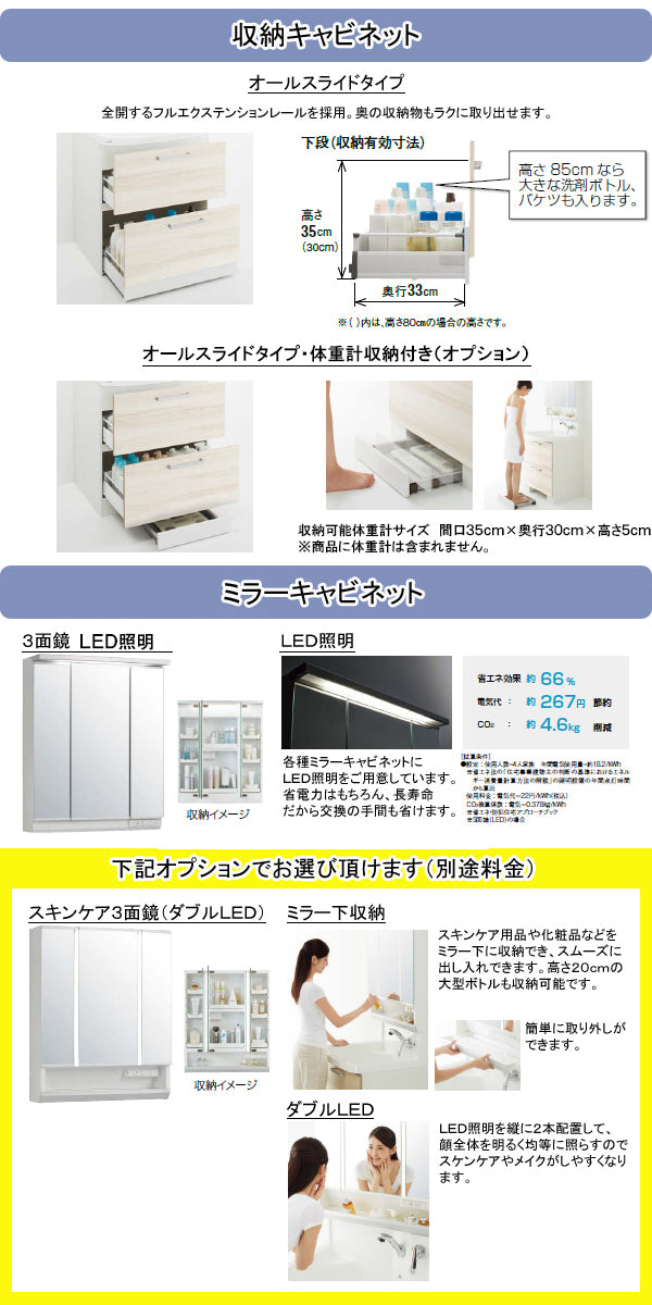 クリナップ 洗面化粧台 ファンシオ<br>●間口750mm<br>●オールスライドタイプ<br>●三面鏡<br>●壁出しシングルレバーシャワー水栓<br>●流レールボールLL<br>BNF_75_WTCW___+M-753NFN_