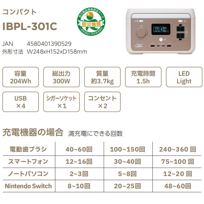 インベス INBES ポータブル電源【IBPL-301C】リン酸鉄系リチウムイオン電池シリーズ コンパクトモデル