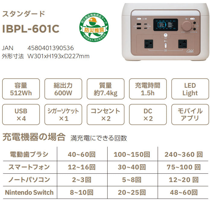 インベス INBES ポータブル電源【IBPL-601C】リン酸鉄系リチウムイオン電池シリーズ スタンダードモデル