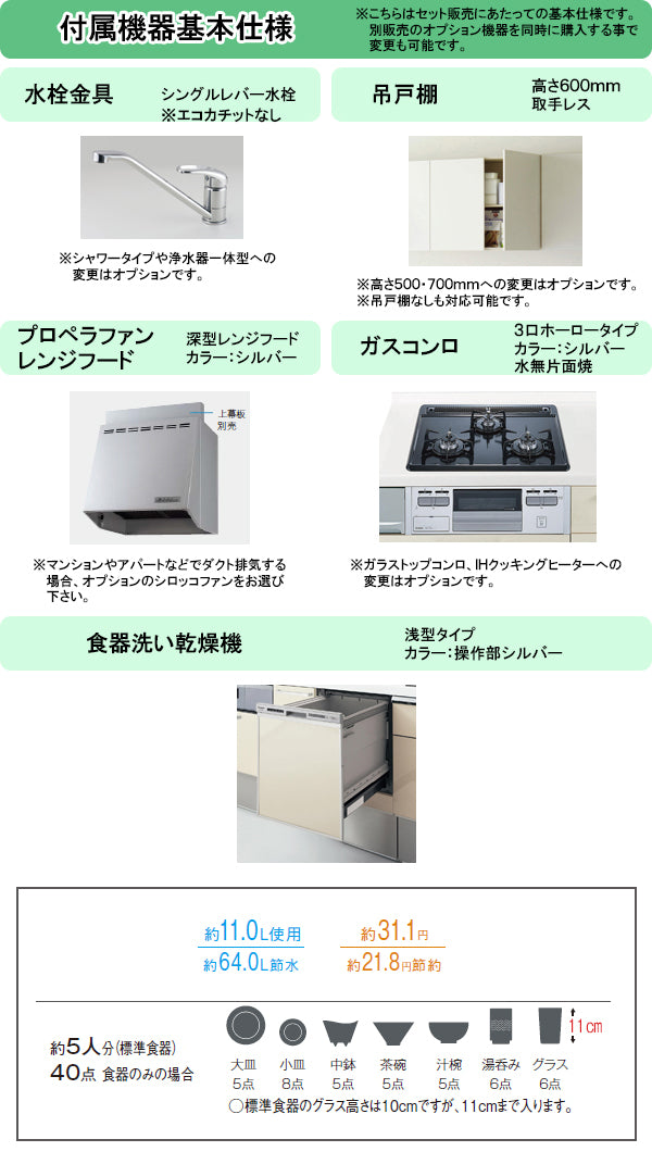 パナソニック システムキッチン ラクシーナ I型<br>●間口1950mm<br>●ステンレスカウンター・ステンレスSシンク<br>●スライド収納プラン<br>●プロペラファン<br>●3口ガスコンロセット<br>●食器洗い乾燥機付き