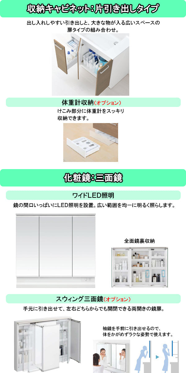 【激安60％オフ!!期間限定9/30までのセール価格】<br>TOTO 洗面化粧台 オクターブライト<br>●間口750mm<br>●片引き出しタイプ<br>●三面鏡・ワイドLED照明<br>オクターブLite<br>LDSFS075_J___1_+LMFS075_3_L_1G