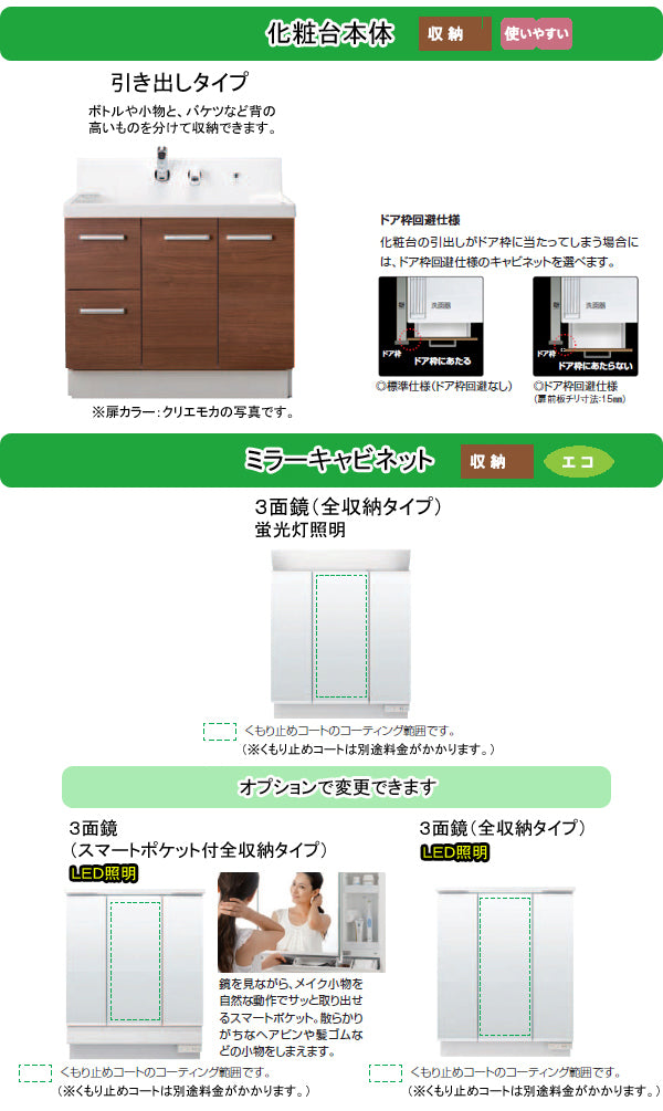 LIXIL(リクシル) INAX 洗面化粧台 ピアラ○間口900mm○シングルレバーシャワー水栓○片引出タイプ○三面鏡(全収納)○扉カラー・ –  PHショップ