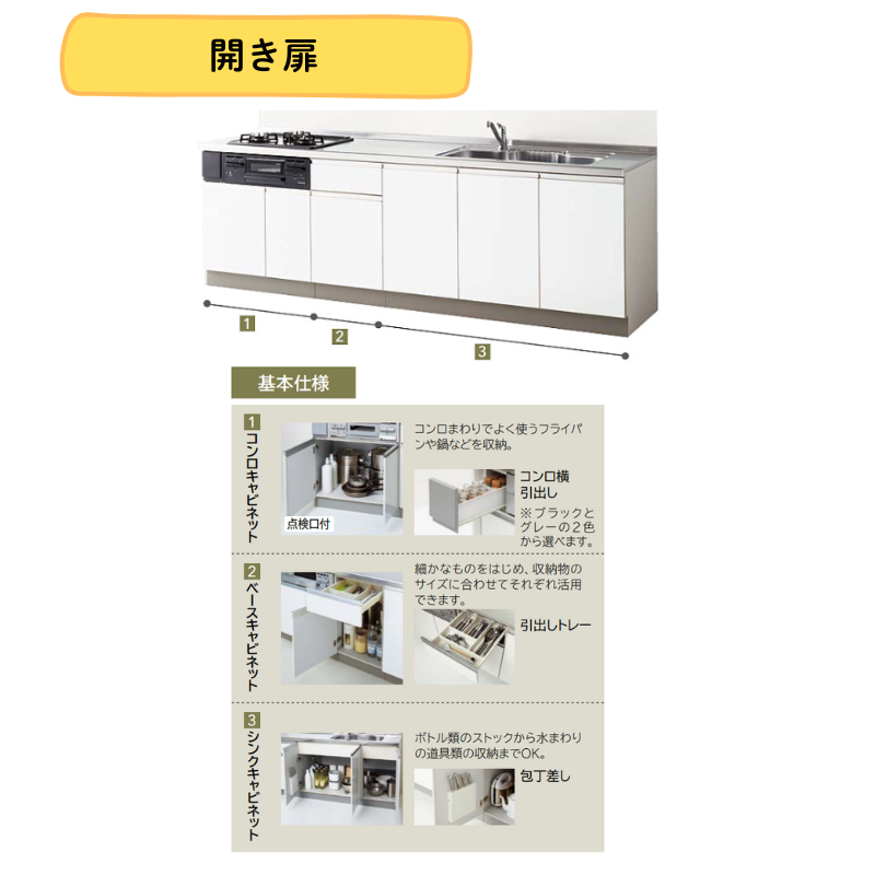 クリナップ システムキッチン ラクエラ I型 間口2700mm 開き扉 扉