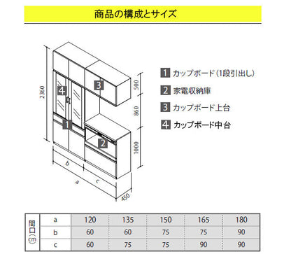 クリナップ ラクエラ カップボード(食器棚)<br>●扉カラー・シンシアシリーズ<br>●間口1500mm×奥行き450mm×高さ2360mm<br>●カップボード＋ハイフロアカンター家電収納庫