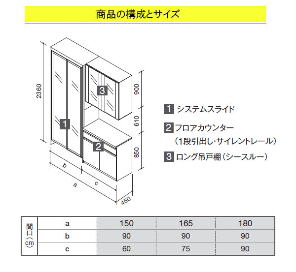 クリナップ ラクエラ カップボード(食器棚)<br>●扉カラー・シンシアシリーズ<br>●間口1500mm×奥行き450mm×高さ2360mm<br>●システムスライド＋フロアカウンター＋フロアカウンター(ロング吊戸棚)