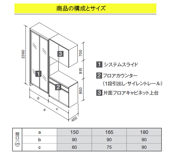 クリナップ ラクエラ カップボード(食器棚)<br>●扉カラー・シンシアシリーズ<br>●間口1500mm×奥行き450mm×高さ2360mm<br>●システムスライド＋フロアカウンター(片面フロアキャビネット上台)