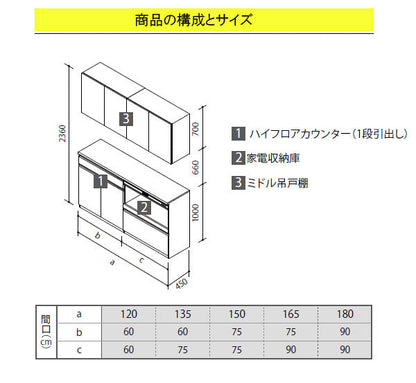 クリナップ ラクエラ カップボード(食器棚)<br>●扉カラー・シンシアシリーズ<br>●間口1500mm×奥行き450mm×高さ2360mm<br>●ハイフロアカウンター(1段引出し)＋家電収納庫