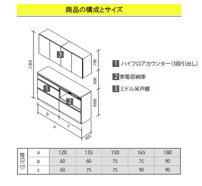 クリナップ ラクエラ カップボード(食器棚)<br>●扉カラー・シンシアシリーズ<br>●間口1200mm×奥行き450mm×高さ2360mm<br>●ハイフロアカウンター(3段引出し)＋家電収納庫