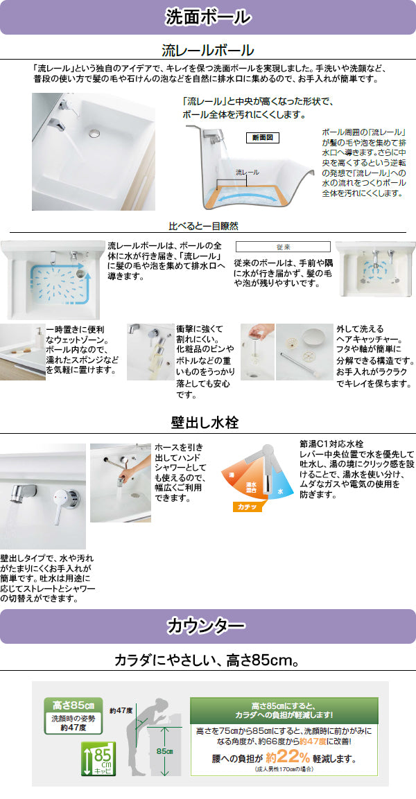 クリナップ 洗面化粧台 エス(S)<br>●間口750mm<br>●引出しタイプ<br>●3面鏡・LED照明<br>●壁出し水栓<br>BSR_752JSSW___+M-753SRNE