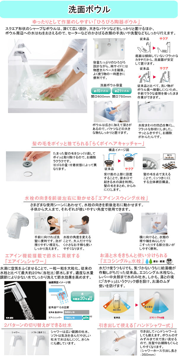 TOTO 洗面化粧台 サクア(SAQUA)<br>●間口750mm<br>●3Wayキャビネットタイプ<br>●三面鏡<br>●エアインスウィング水栓ハンドシャワー式<br>LDSWB075_D_E_1_+LMWB075_3___2G