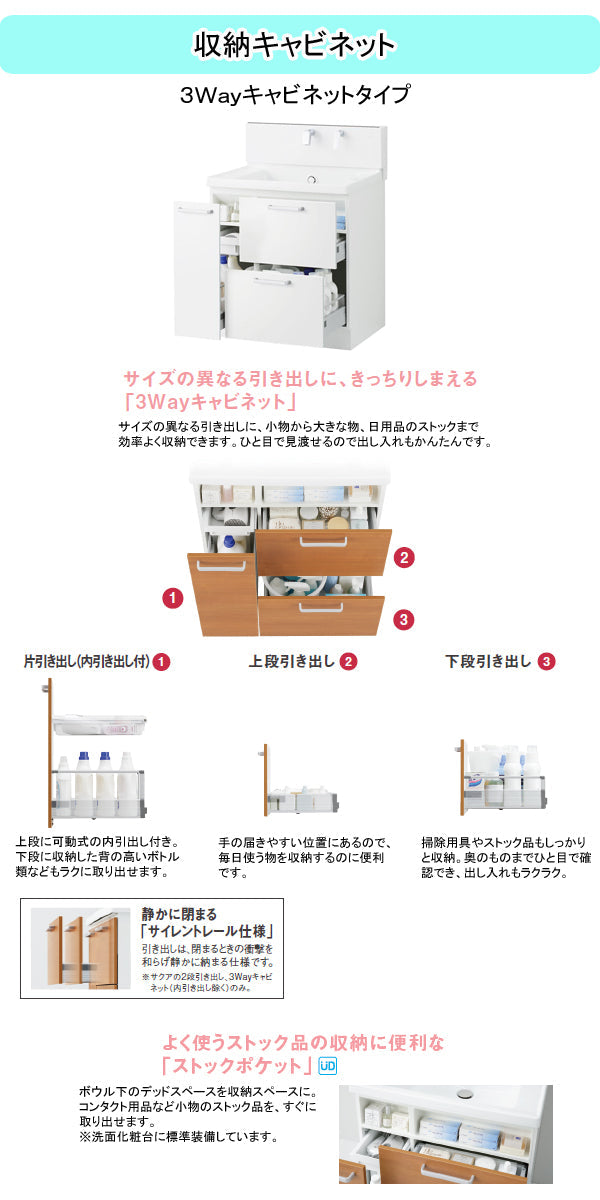 TOTO 洗面化粧台 サクア(SAQUA)<br>●間口750mm<br>●3Wayキャビネットタイプ<br>●三面鏡<br>●エアインスウィング水栓ハンドシャワー式<br>LDSWB075_D_E_1_+LMWB075_3___2G