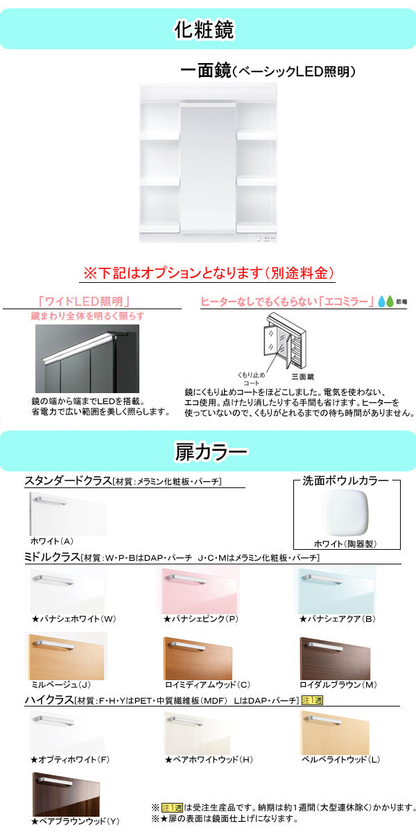 TOTO 洗面化粧台 サクア(SAQUA)<br>●間口750mm<br>●開き扉タイプ<br>●一面鏡(鏡裏収納付き)<br>●エアインスウィング水栓ハンドシャワー式<br>LDSWB075_A_E_1_+LMWB075A1G__2G