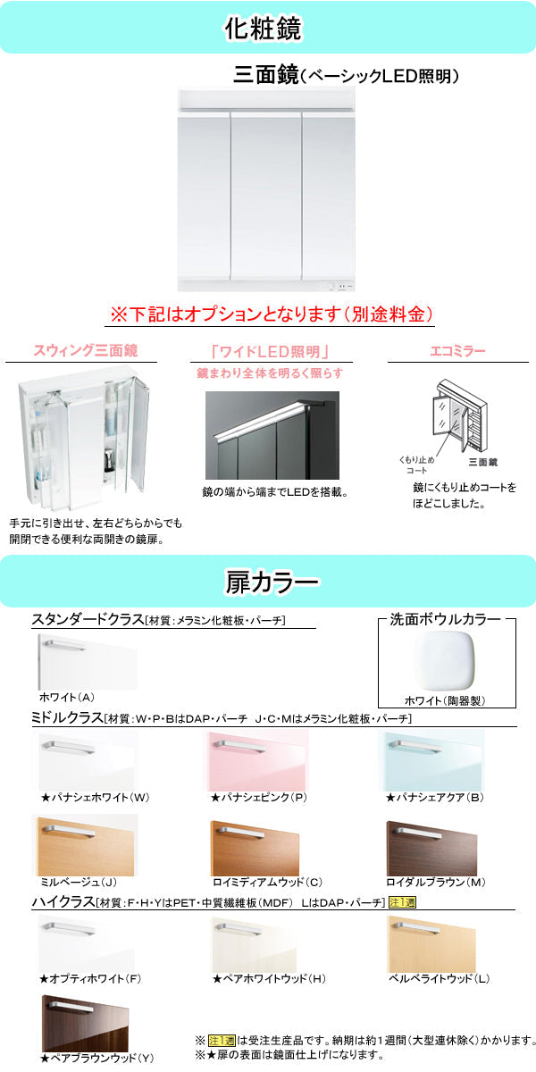 TOTO 洗面化粧台 サクア(SAQUA)<br>●間口750mm<br>●片引出しタイプ<br>●三面鏡<br>●エアインスウィング水栓ハンドシャワー式<br>LDSWB075_J_E_1_+LMWB075_3___2G