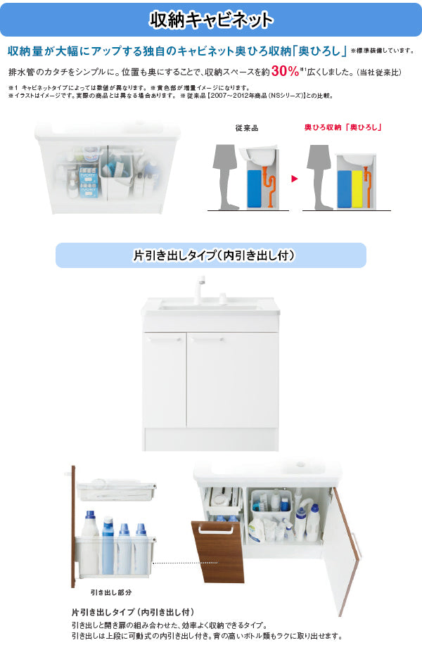 TOTO 洗面化粧台 Fシリーズ<br>●間口750mm<br>●片引き出しタイプ(内引き出し付き)<br>●一面鏡(鏡裏収納付き)(全高1800㎜対応)<br>●エコシングルシャワー水栓<br>LDPL075BJGE_2_+LMSPL075B4G__1_