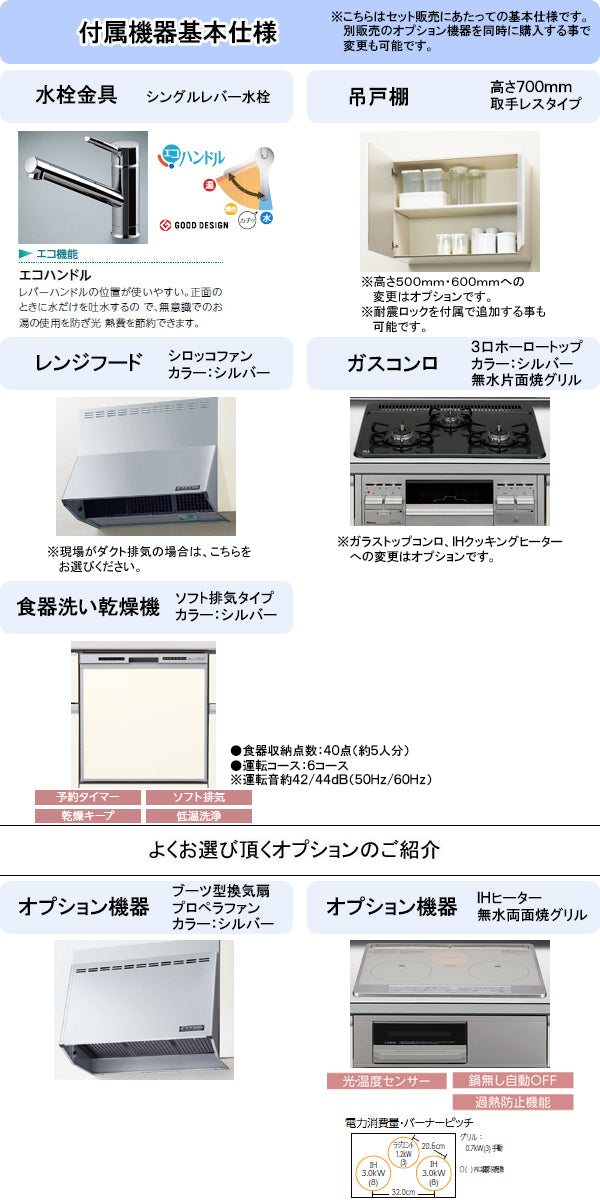 LIXIL リクシル システムキッチン シエラS I型　間口1950mm・ラウンド68シンク　扉カラー全27色　開き扉プラン　シロッコファン　3口ガスコンロセット　食器洗い乾燥機付き