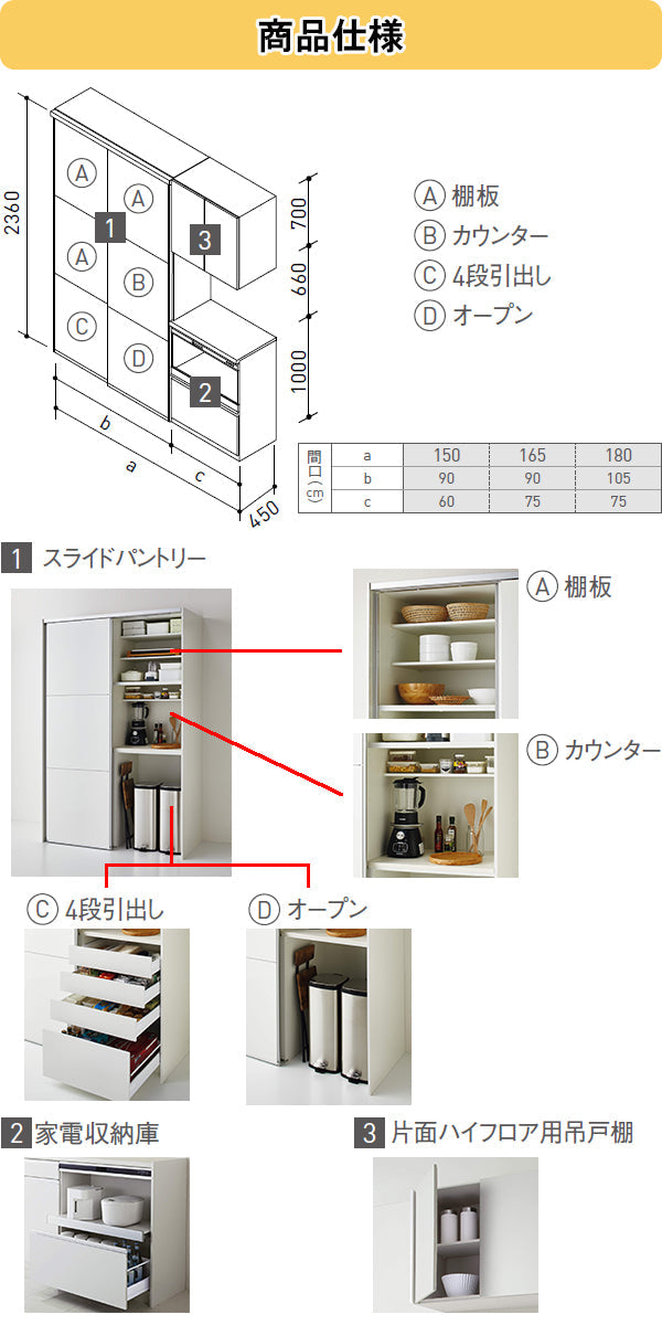 クリナップ ステディア STEDIA カップボード(食器棚)　間口1650mm×奥行き450mm　スライドパントリー＋家電収納プラン